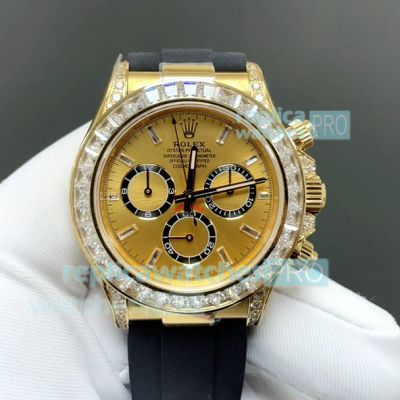 FH Factory Swiss Copy Rolex Daytona Baguette Dial Yellow Gold Diamond Gain Weight Watch 